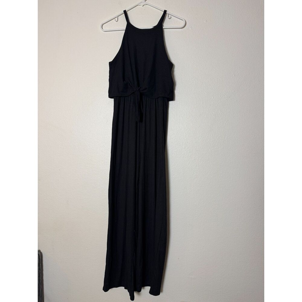 Black Ribbed Tie-Front‎ Wide Leg Jumpsuit Women's Small Sleeveless Halter